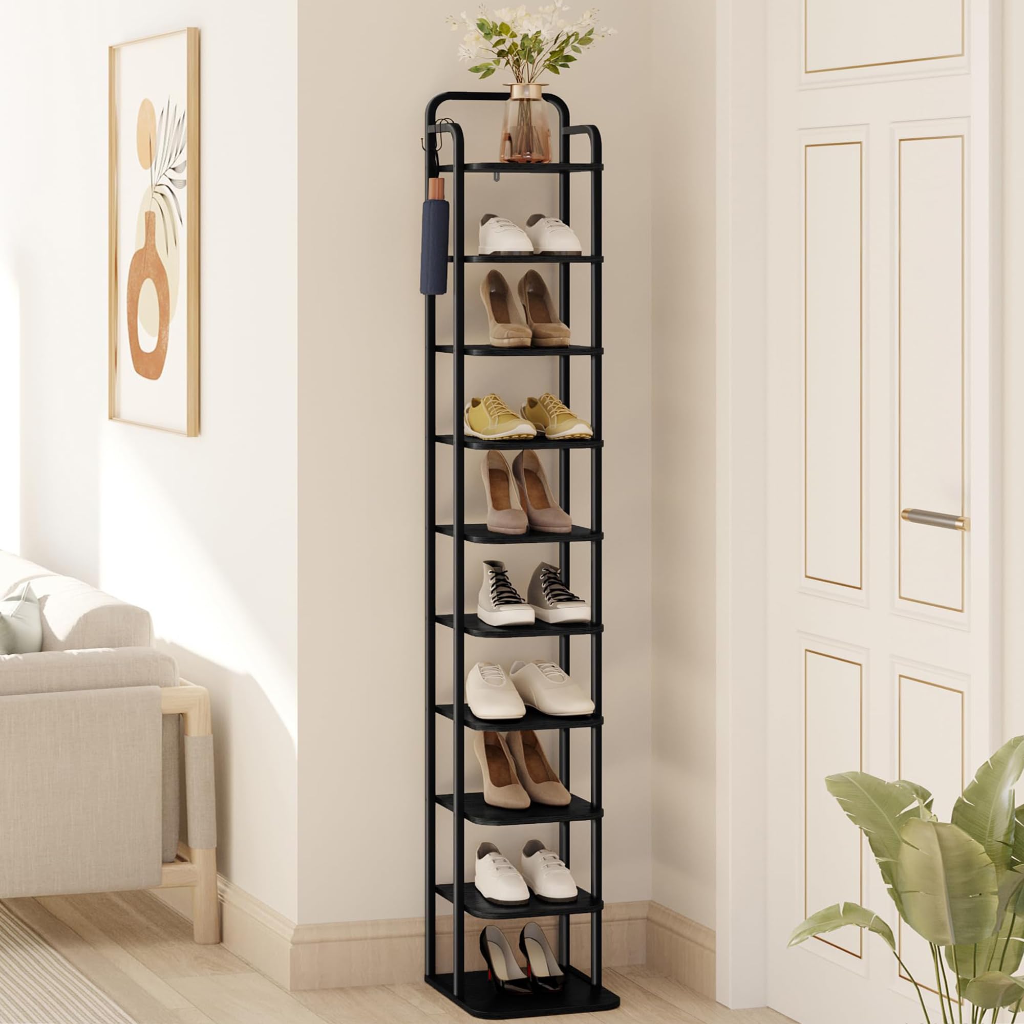 Hzuaneri Vertical Shoe Rack, Shoe Shelves, Wood Shoe Organizer For Closet, Entryway, Shoe Tower For Small Spaces, Free Standing, Adjustable, With 2 Hooks, 10 Tier Black Sr11204B